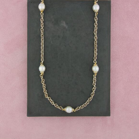 david yurman sterling silver & 18k gold diamond pearl station necklace size 34in - Picture 1 of 4